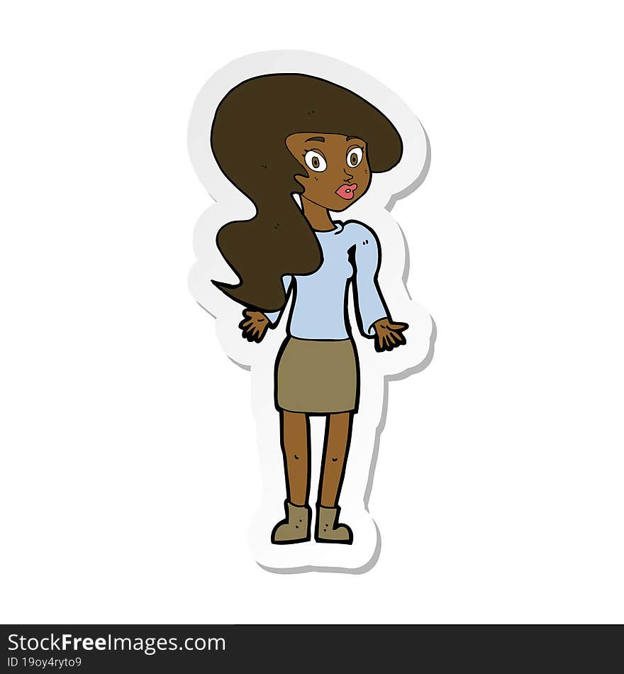 sticker of a cartoon woman shrugging shoulders