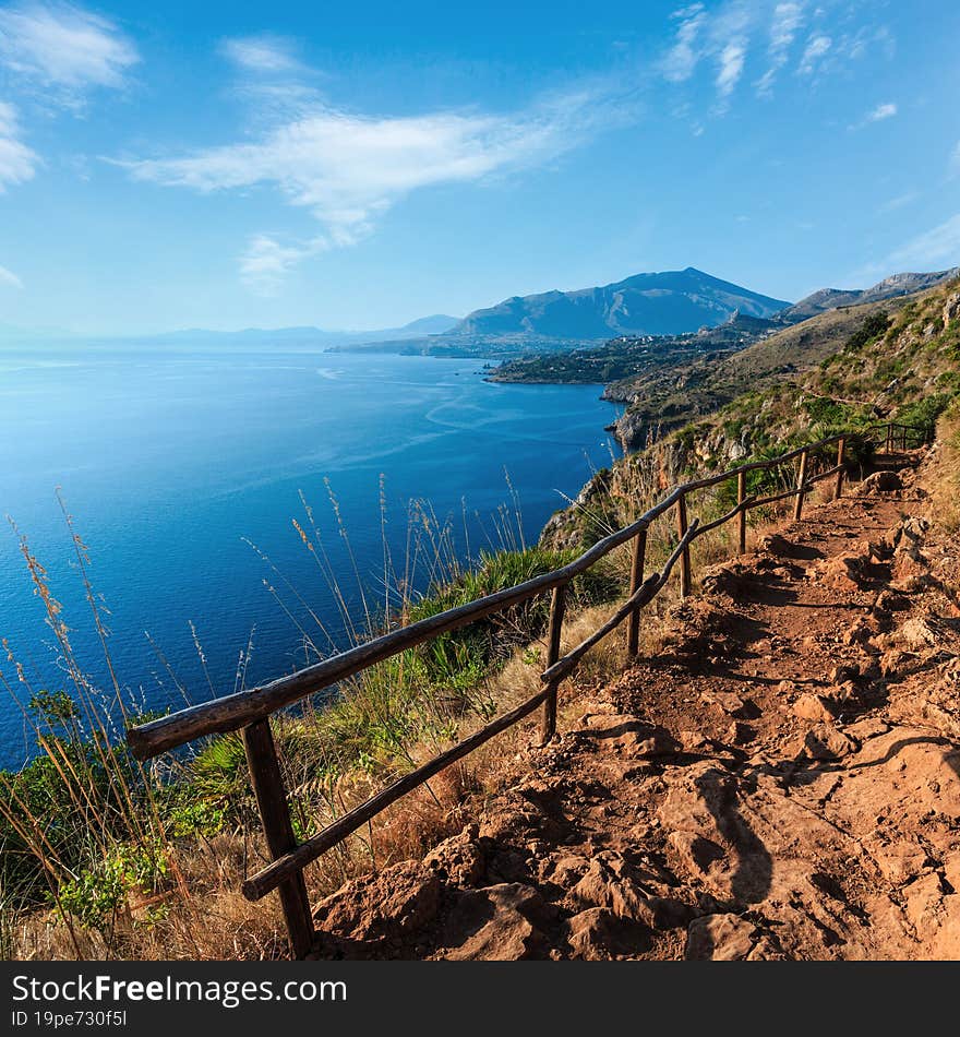 Paradise sunrise sea landscape from coastline trail of Zingaro Nature Reserve Park, between San Vito lo Capo and Scopello, Trapani province, Sicily, Italy. Paradise sunrise sea landscape from coastline trail of Zingaro Nature Reserve Park, between San Vito lo Capo and Scopello, Trapani province, Sicily, Italy