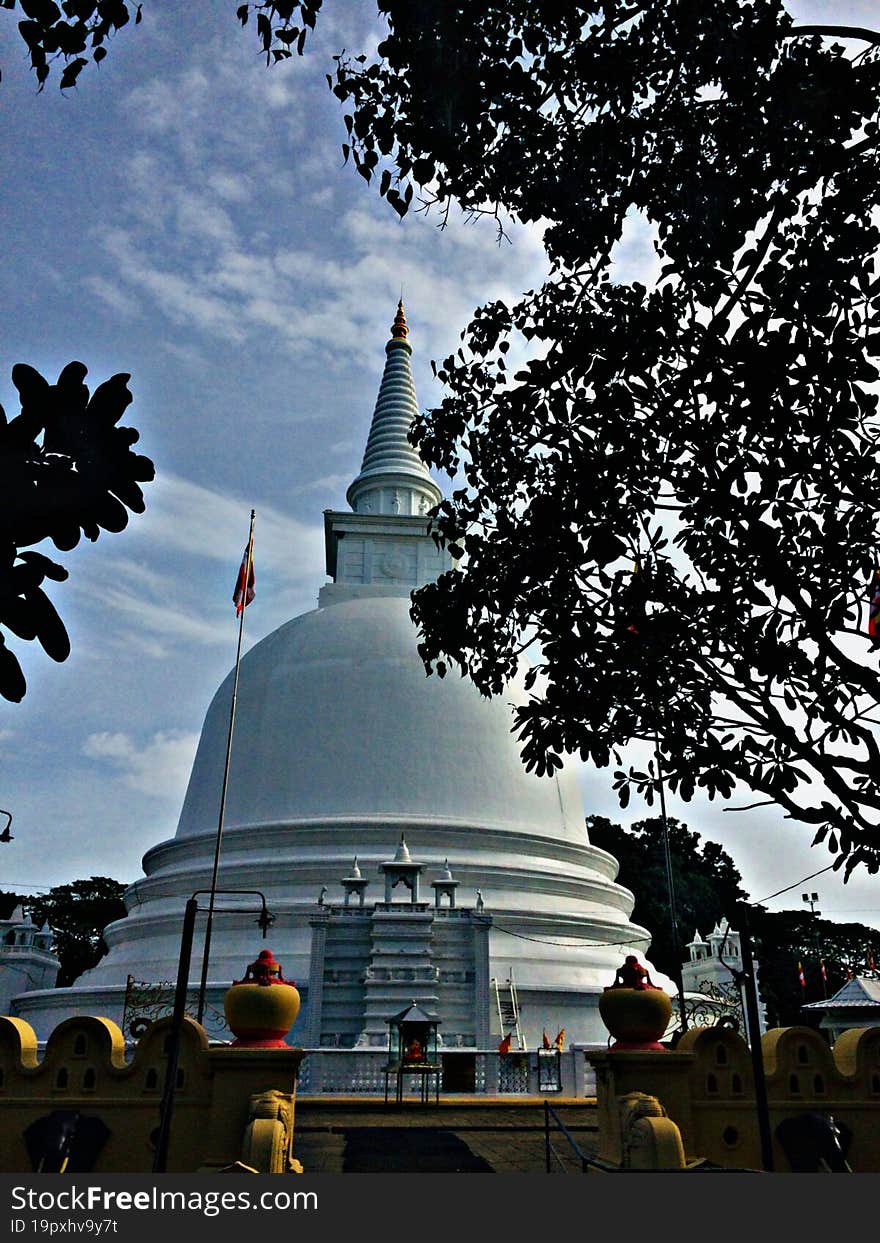 The temple is visible through the flowering trees