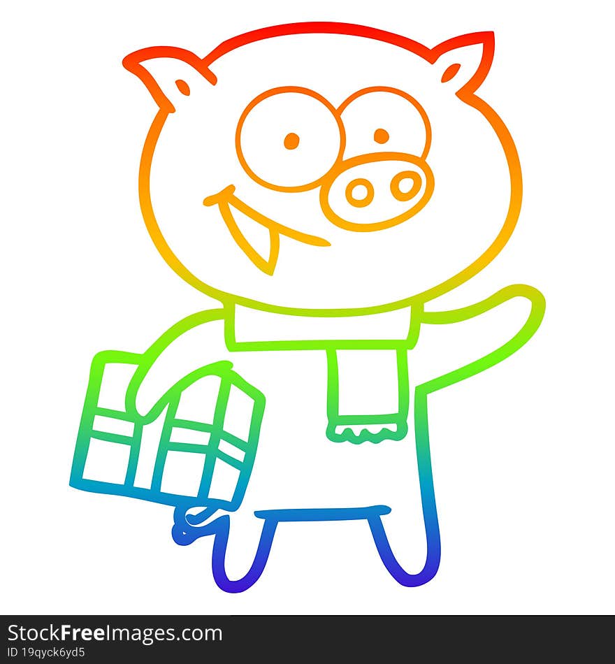 rainbow gradient line drawing of a cheerful pig with christmas gift