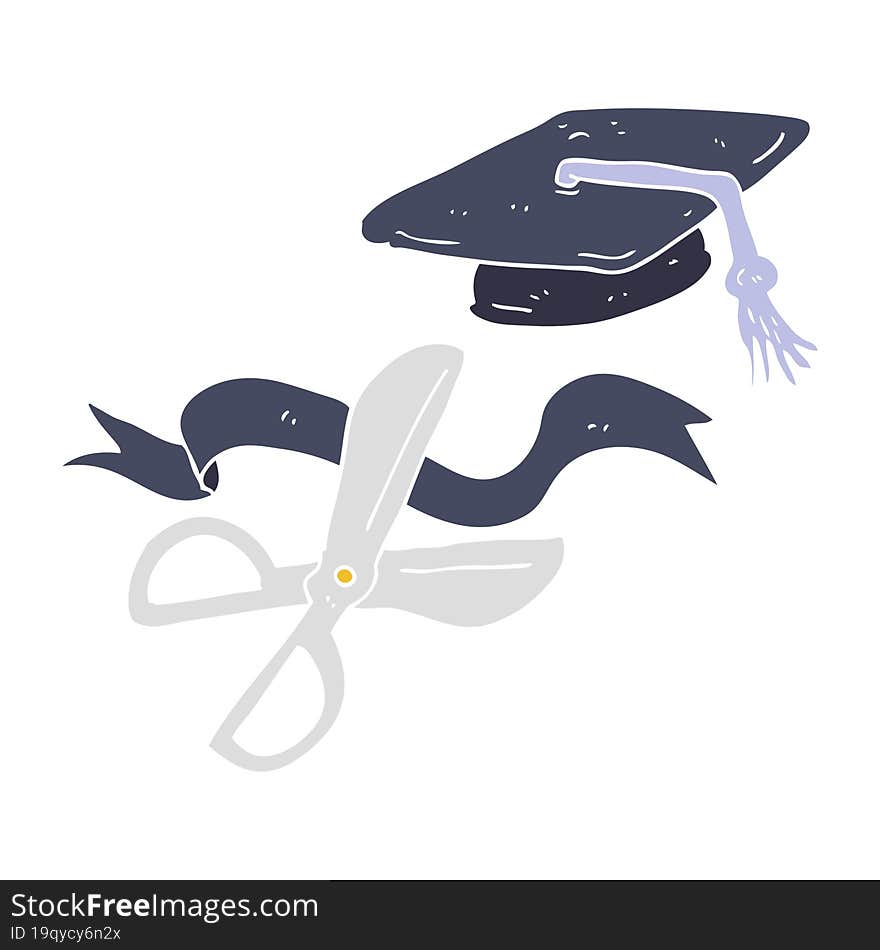 Flat Color Illustration Of A Cartoon Scissors Cutting Ribbon At Graduation