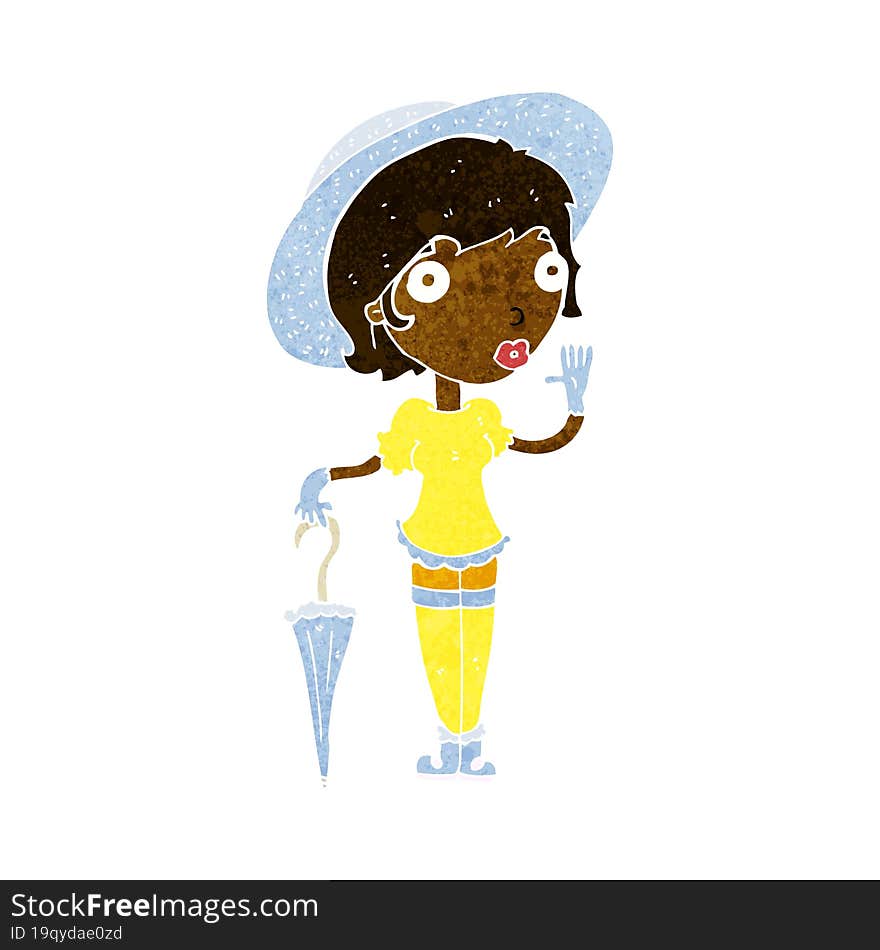 cartoon woman in summer hat waving