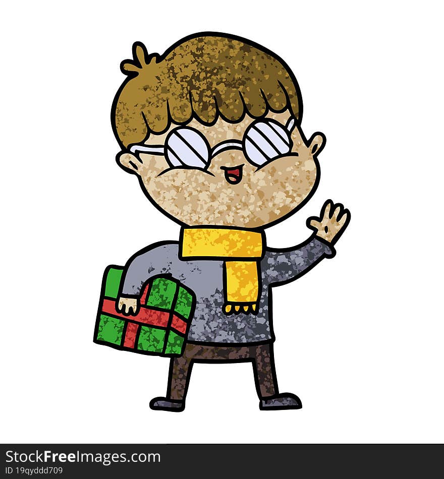 cartoon boy wearing spectacles carrying gift. cartoon boy wearing spectacles carrying gift