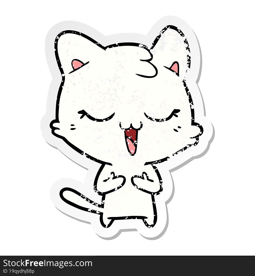 distressed sticker of a happy cartoon cat