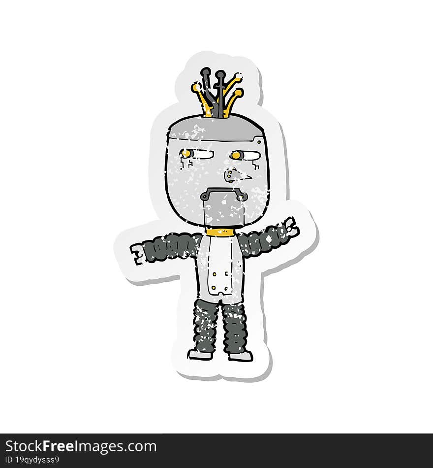 retro distressed sticker of a cartoon waving robot