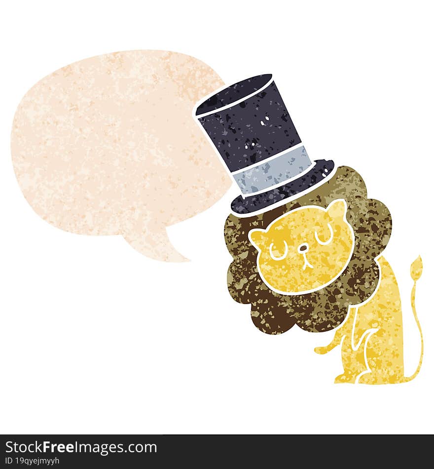 cute cartoon lion wearing top hat and speech bubble in retro textured style