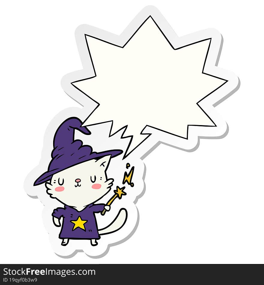 magical amazing cartoon cat wizard and speech bubble sticker