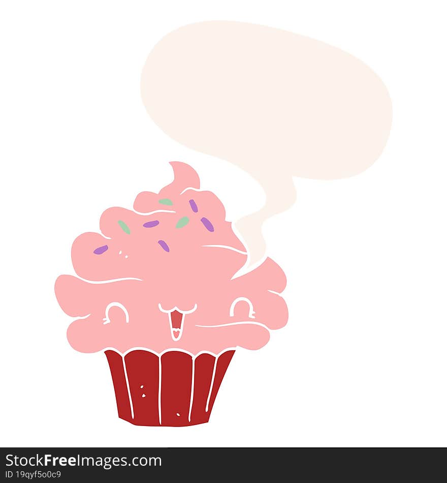 cute cartoon frosted cupcake and speech bubble in retro style