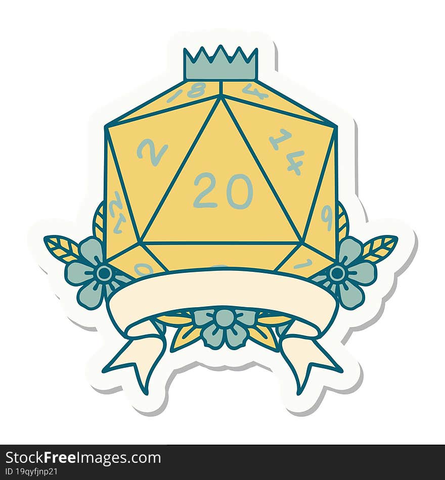 sticker of a natural 20 critical hit D20 dice roll. sticker of a natural 20 critical hit D20 dice roll