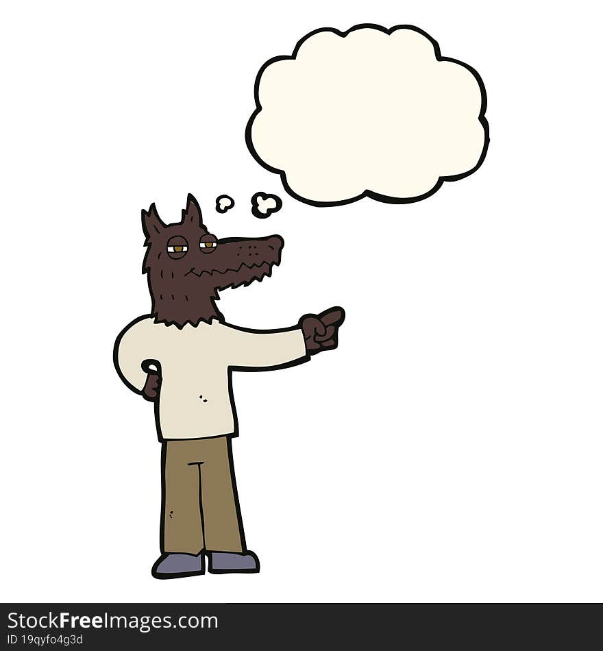 Cartoon Pointing Wolf Man With Thought Bubble