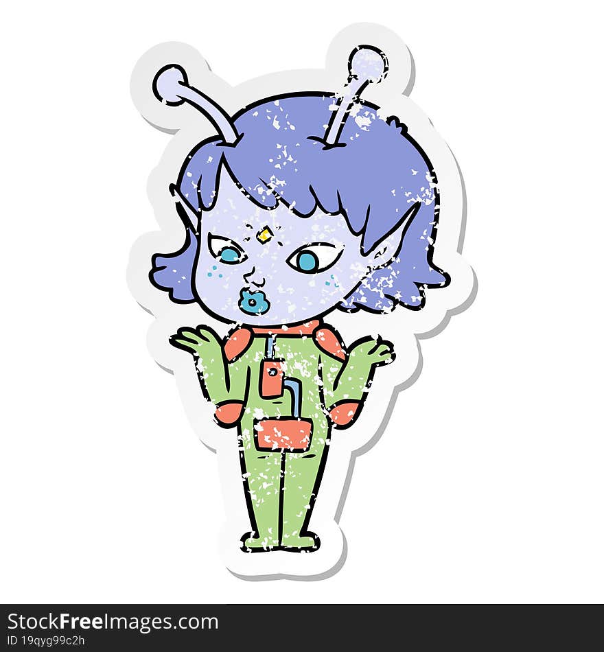 distressed sticker of a pretty cartoon alien girl