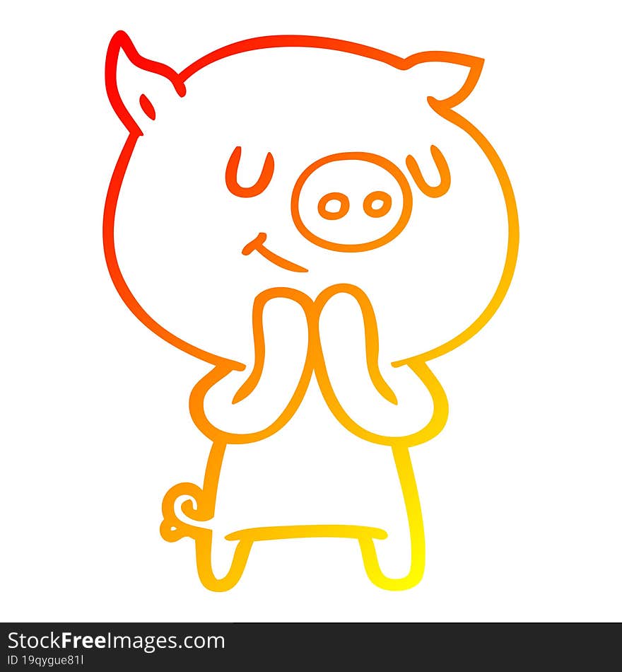 warm gradient line drawing of a happy cartoon pig