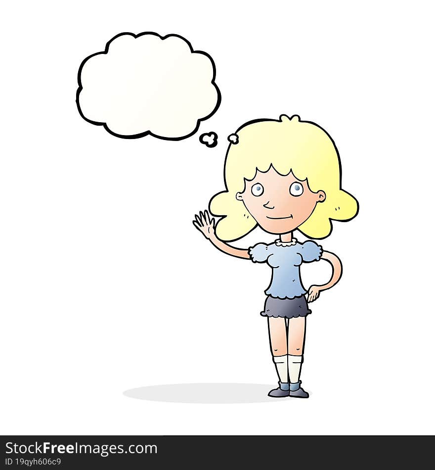 Cartoon Woman Waving With Thought Bubble