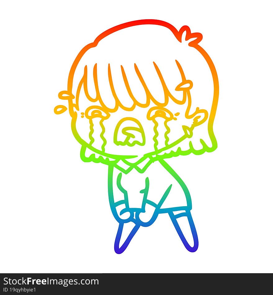 rainbow gradient line drawing of a cartoon girl crying