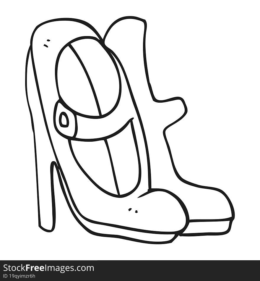 freehand drawn black and white cartoon high heeled shoes