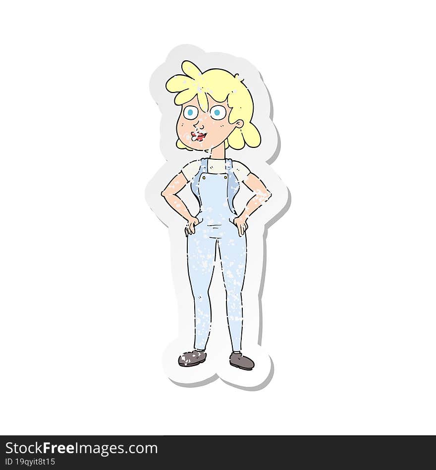 retro distressed sticker of a cartoon farmer girl