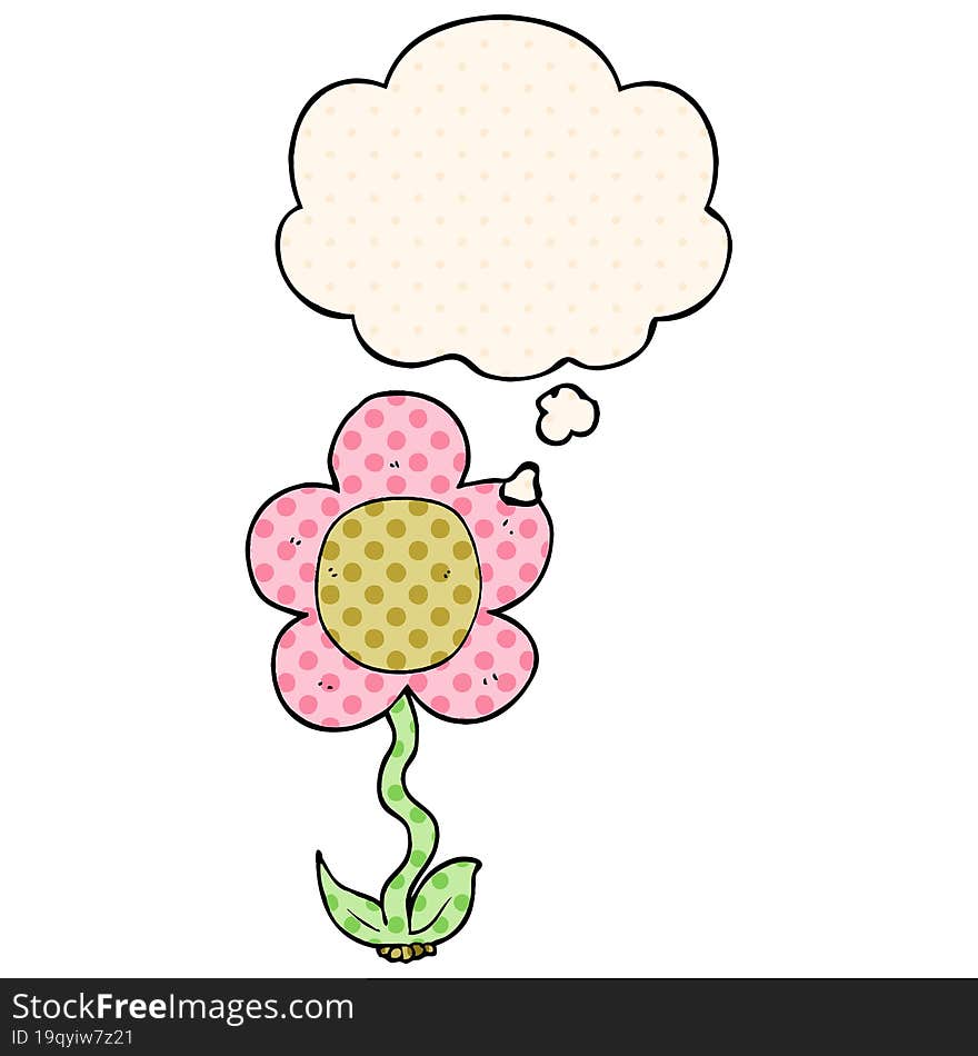 cartoon flower with thought bubble in comic book style