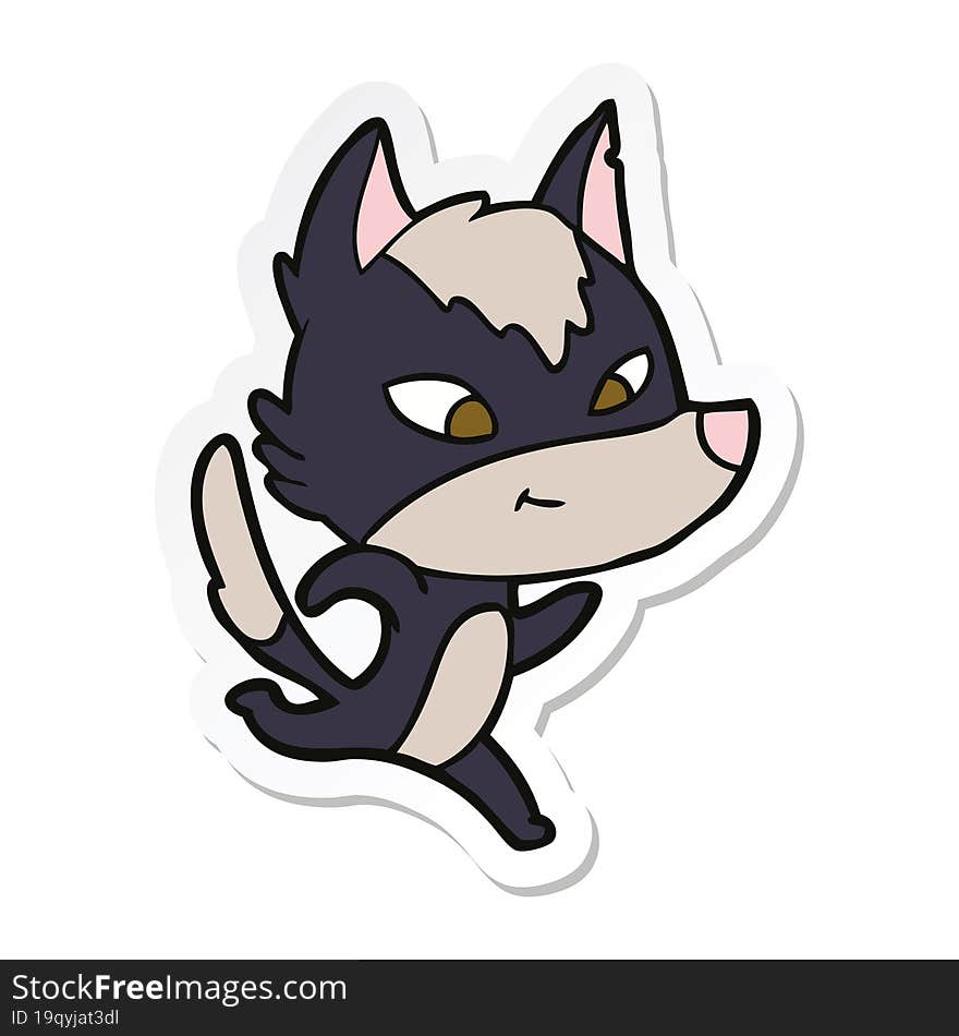 sticker of a friendly cartoon wolf running