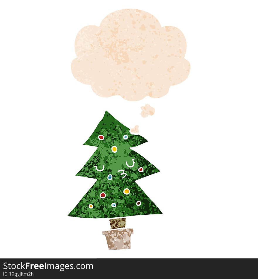 Cartoon Christmas Tree And Thought Bubble In Retro Textured Style