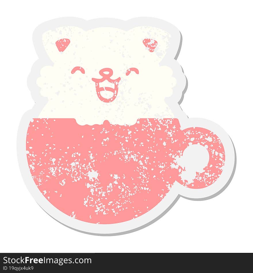 cute little cat in coffee cup grunge sticker