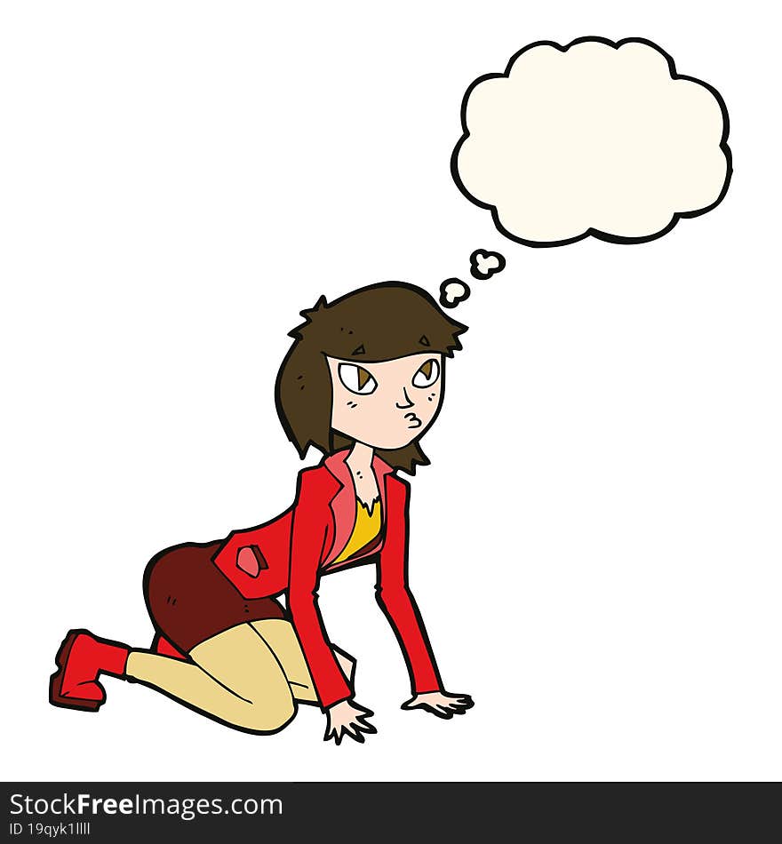 Cartoon Woman On Hands And Knees With Thought Bubble