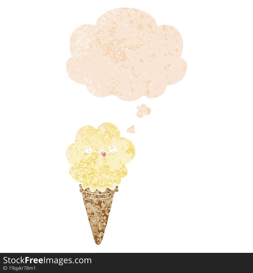 Cartoon Ice Cream And Thought Bubble In Retro Textured Style