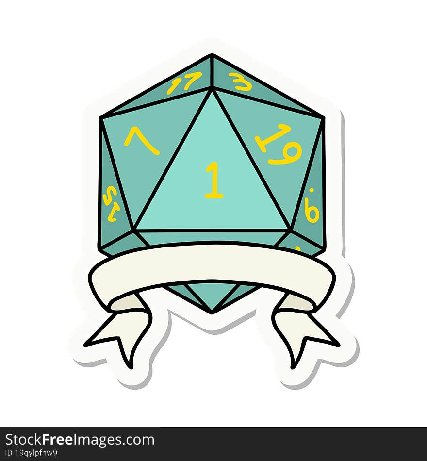 sticker of a natural one d20 dice roll. sticker of a natural one d20 dice roll