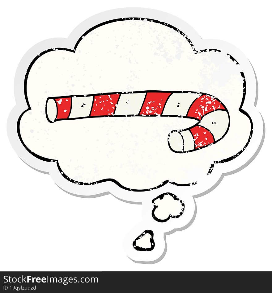 Cartoon Candy Cane And Thought Bubble As A Distressed Worn Sticker