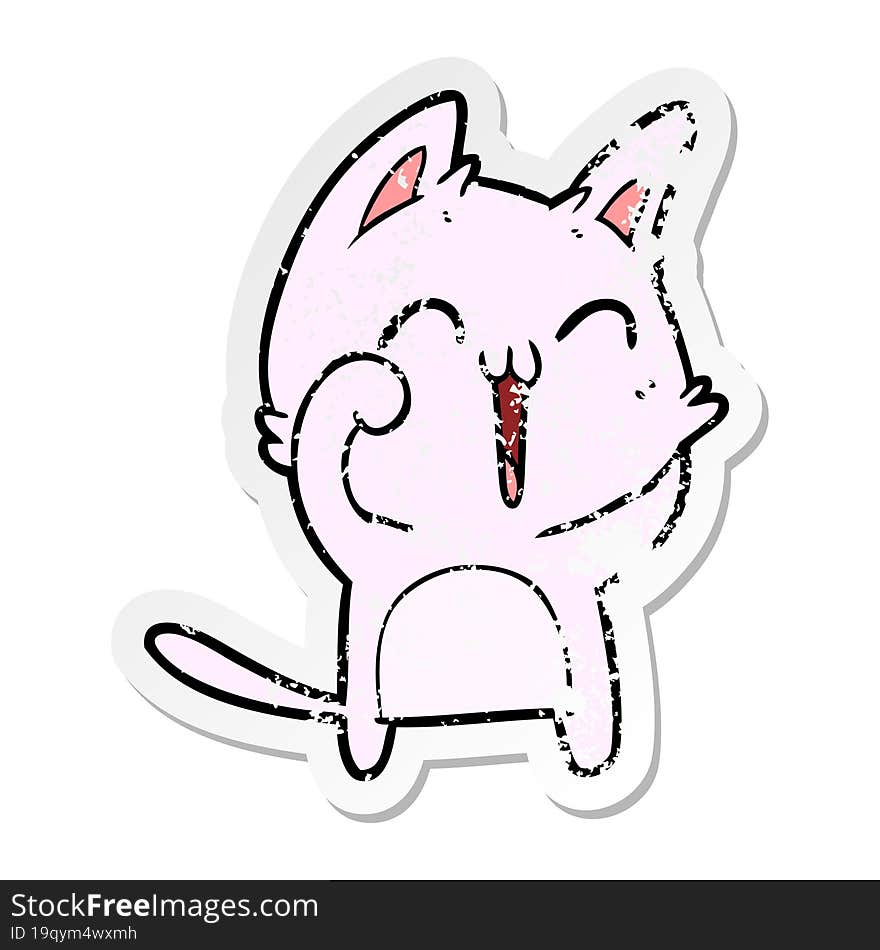 distressed sticker of a happy cartoon cat meowing