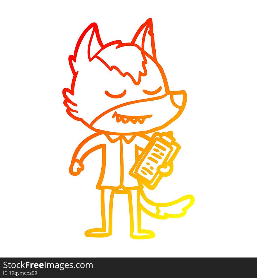 warm gradient line drawing of a friendly cartoon wolf with notes