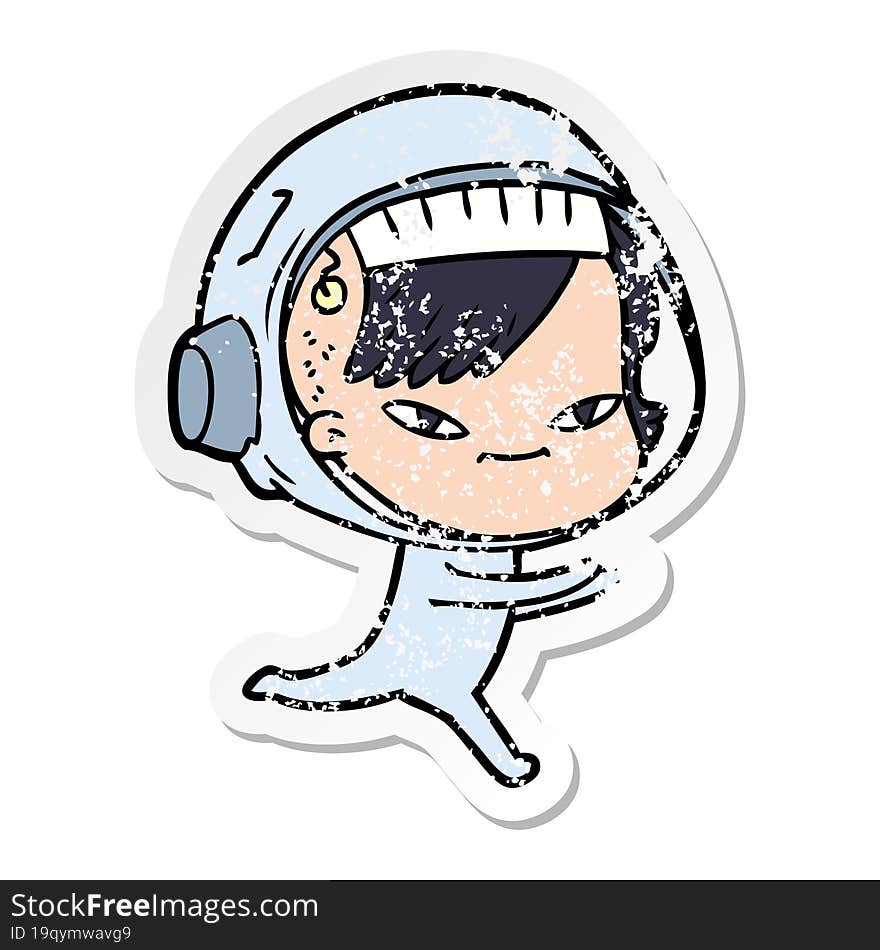 Distressed Sticker Of A Cartoon Astronaut Woman