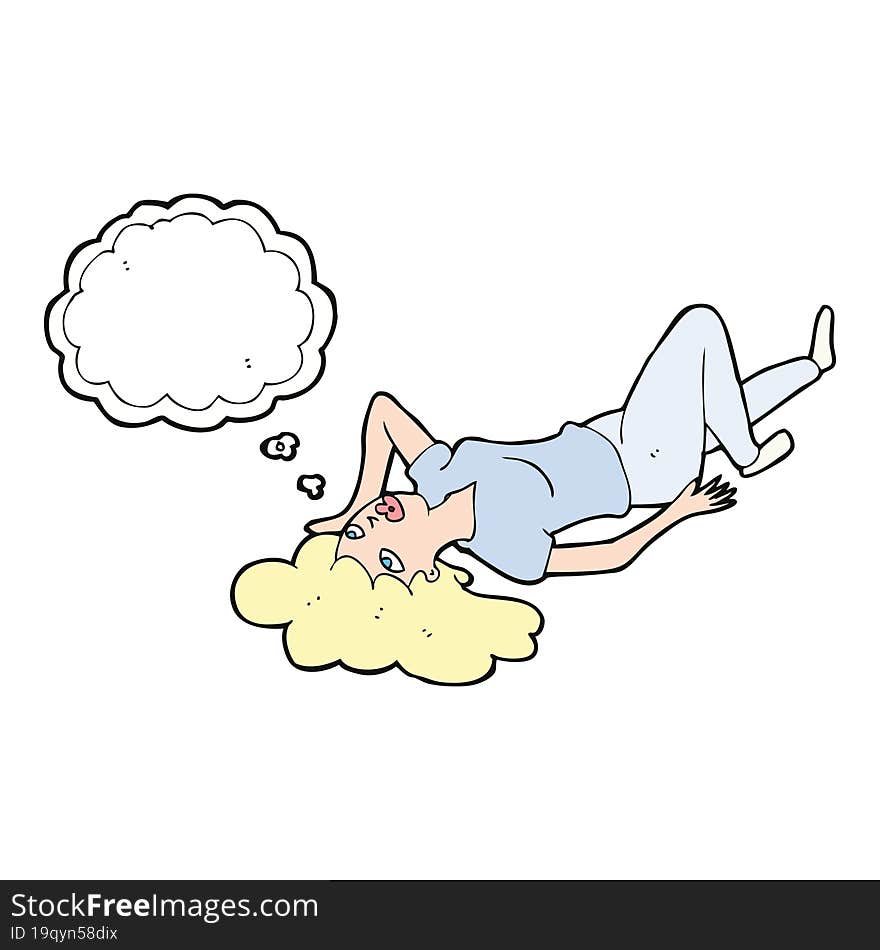 cartoon woman lying on floor with thought bubble