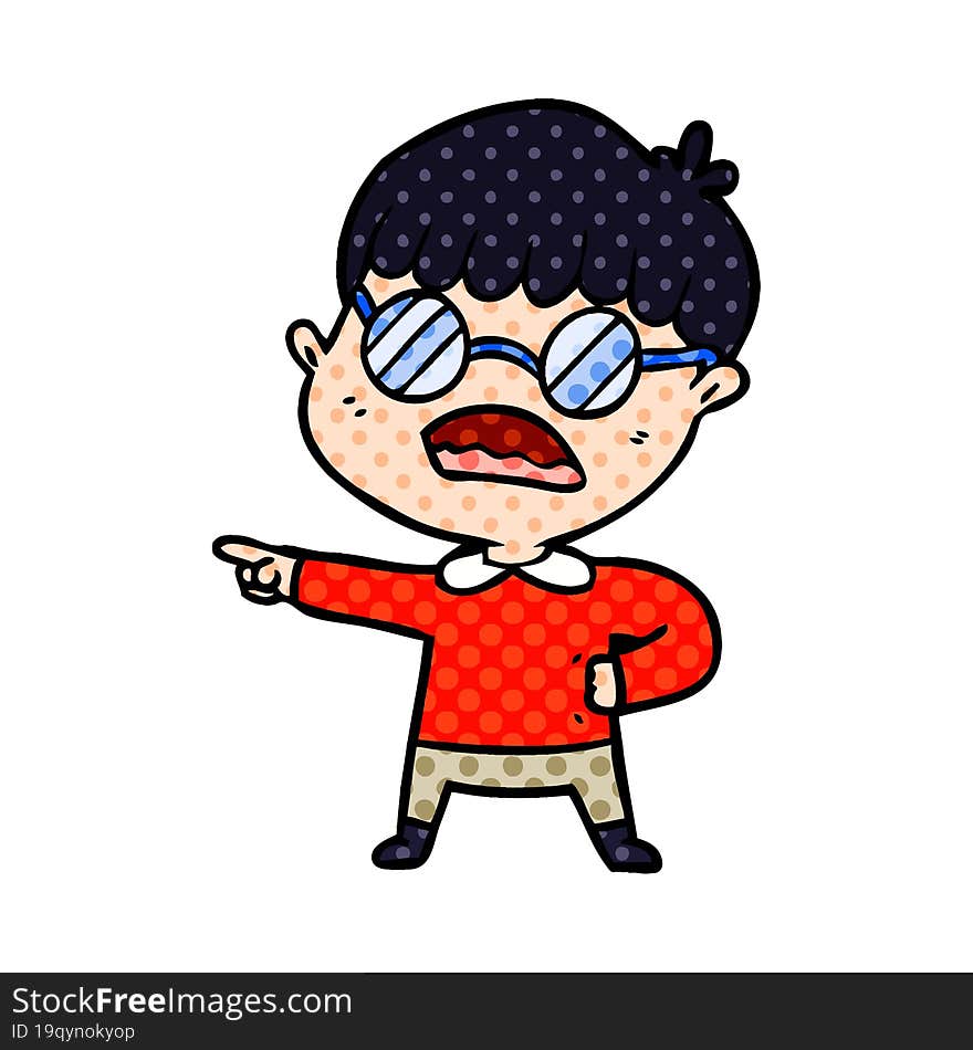 cartoon pointing boy wearing spectacles. cartoon pointing boy wearing spectacles