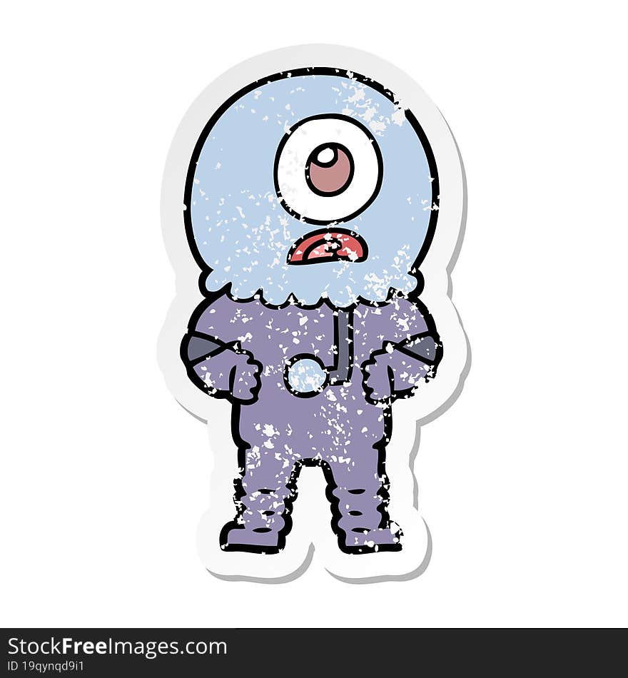 Distressed Sticker Of A Cartoon Cyclops Alien Spaceman