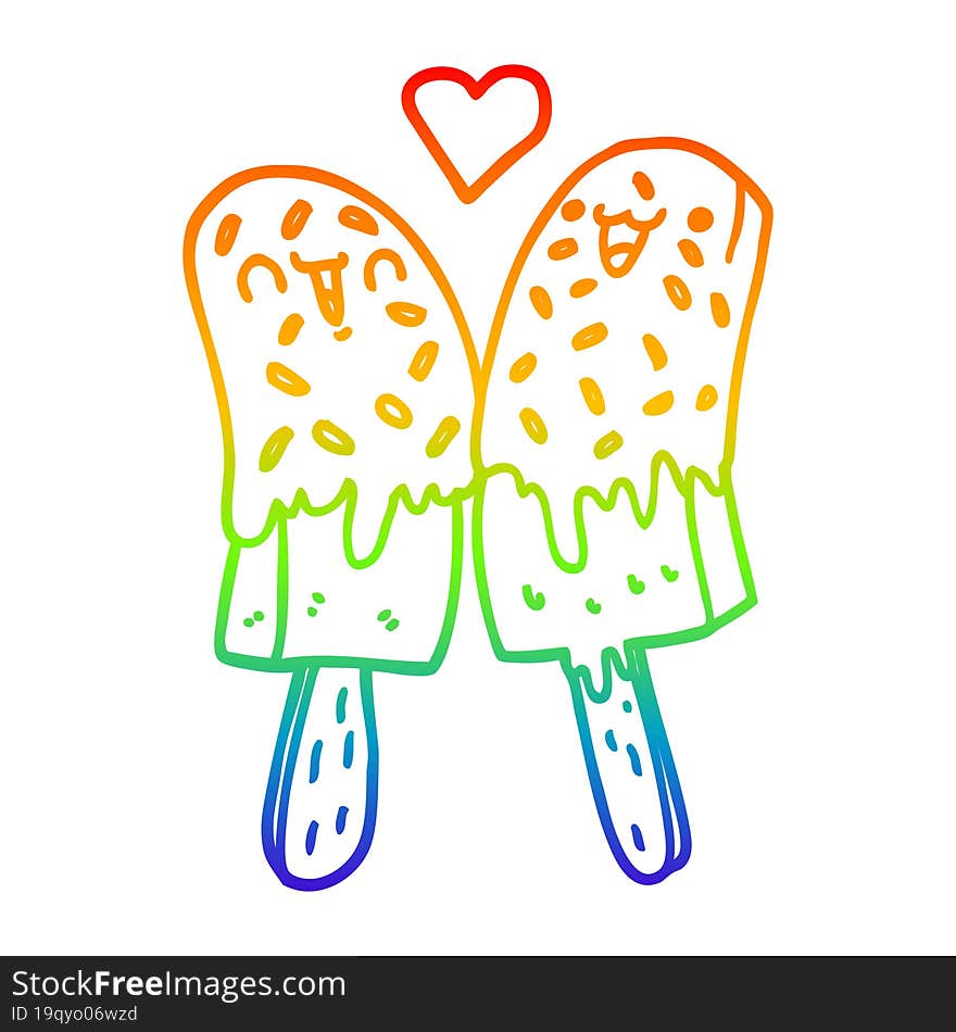 rainbow gradient line drawing cartoon ice lolly in love