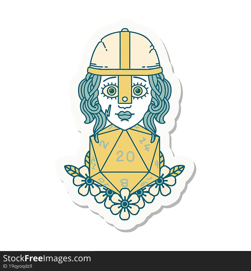 human fighter with natural 20 D20 dice roll sticker