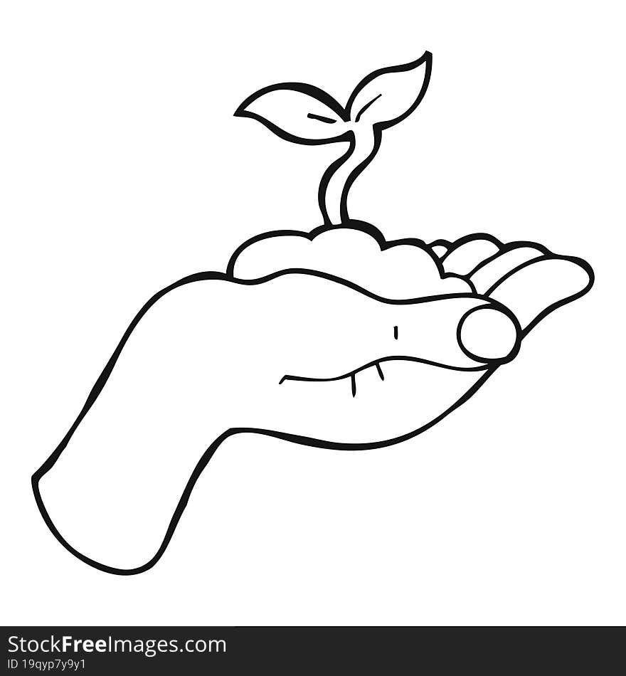 freehand drawn black and white cartoon seedling growing held in hand