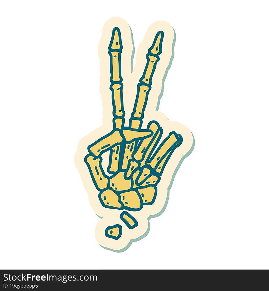 tattoo style sticker of a skeleton hand giving a peace sign