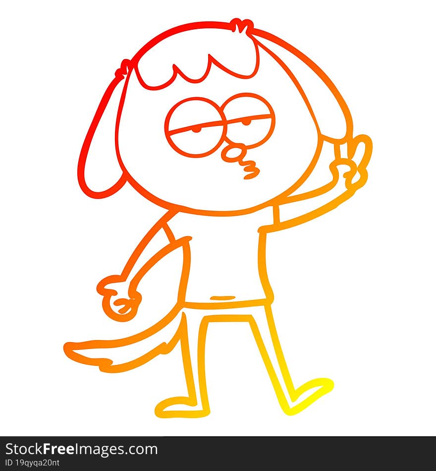 warm gradient line drawing of a cartoon tired dog giving peace sign