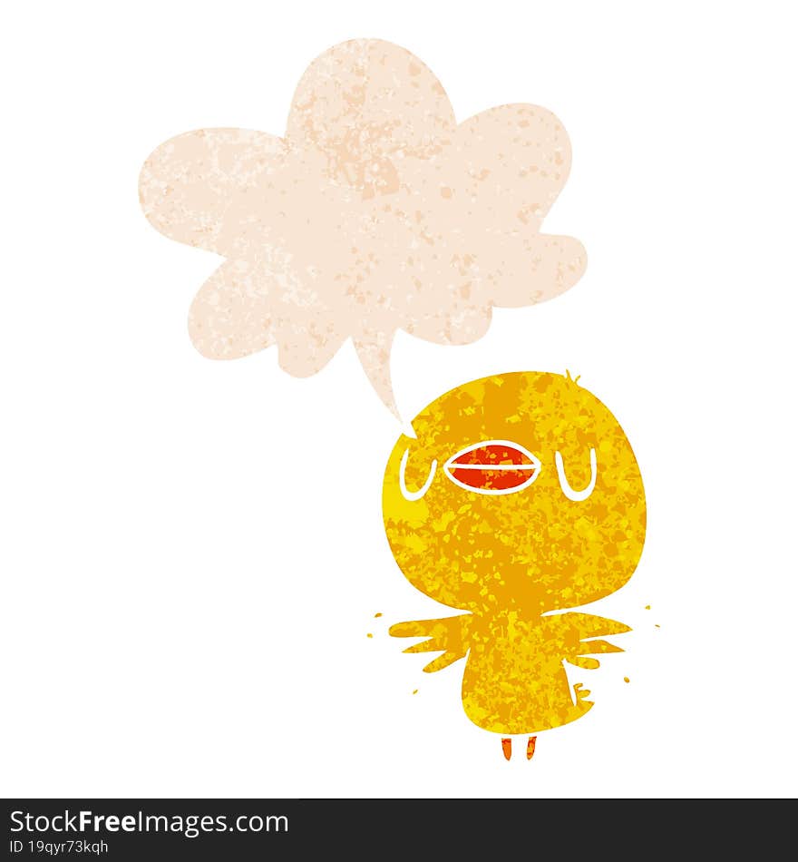 cartoon chick flapping wings and speech bubble in retro textured style