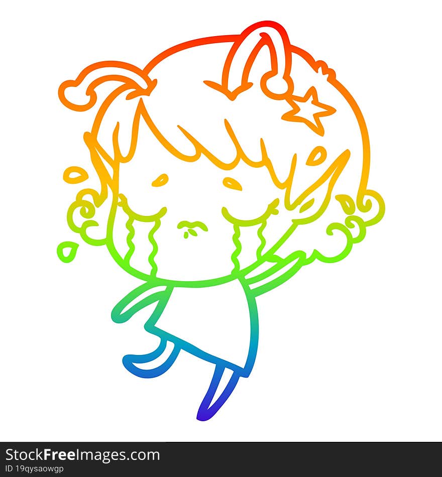 rainbow gradient line drawing cartoon crying alien girl