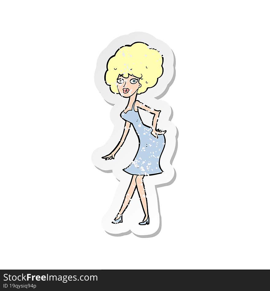 retro distressed sticker of a cartoon woman posing in dress