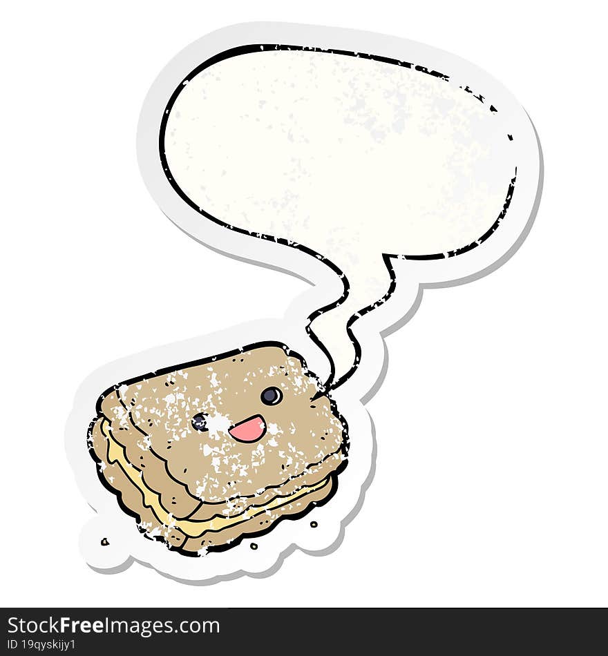 cartoon biscuit and speech bubble distressed sticker