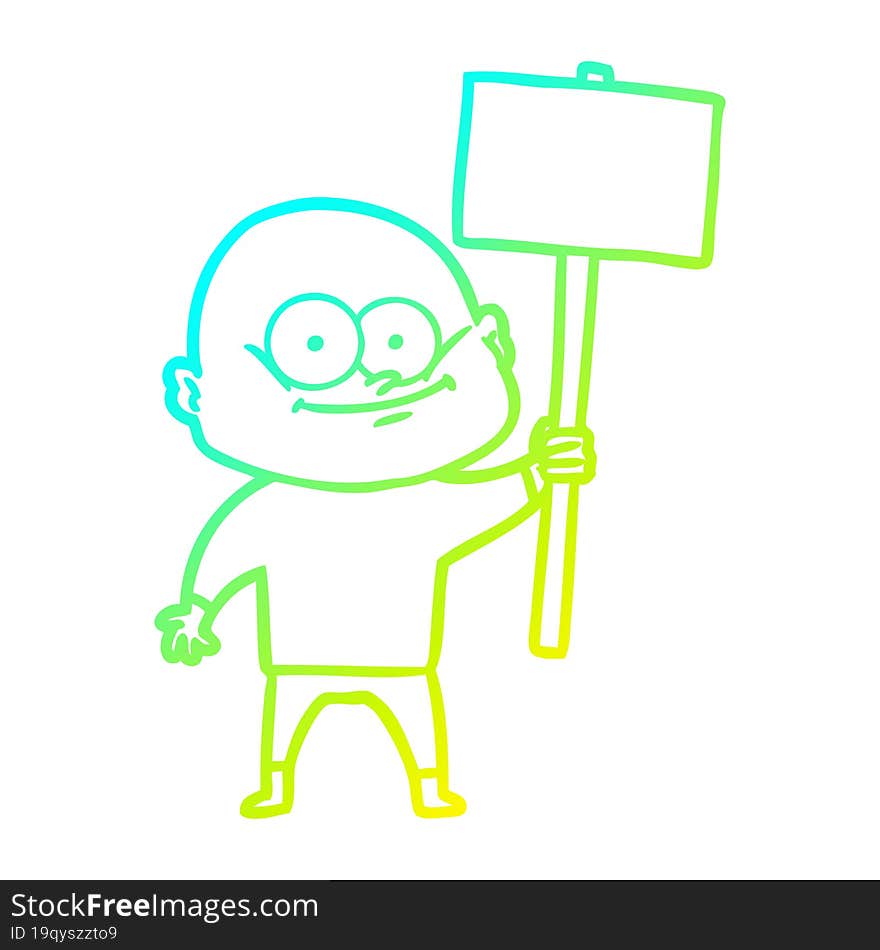 cold gradient line drawing cartoon bald man staring with sign