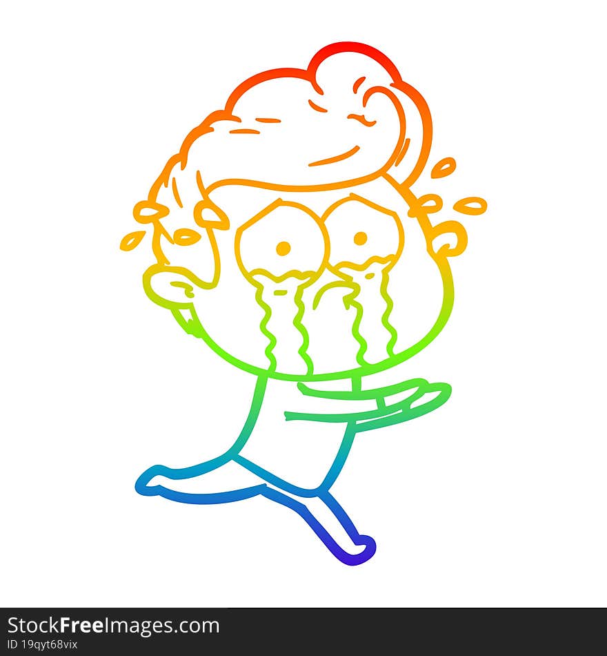 rainbow gradient line drawing of a cartoon crying man running