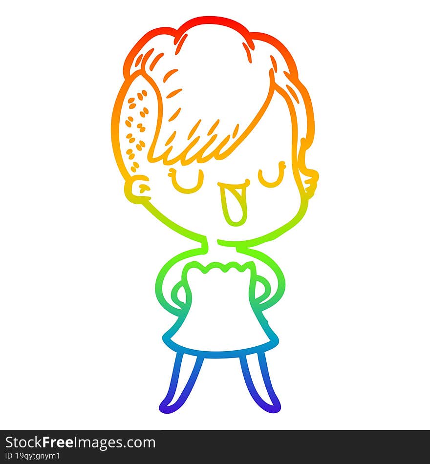 Rainbow Gradient Line Drawing Cute Cartoon Girl With Hipster Haircut