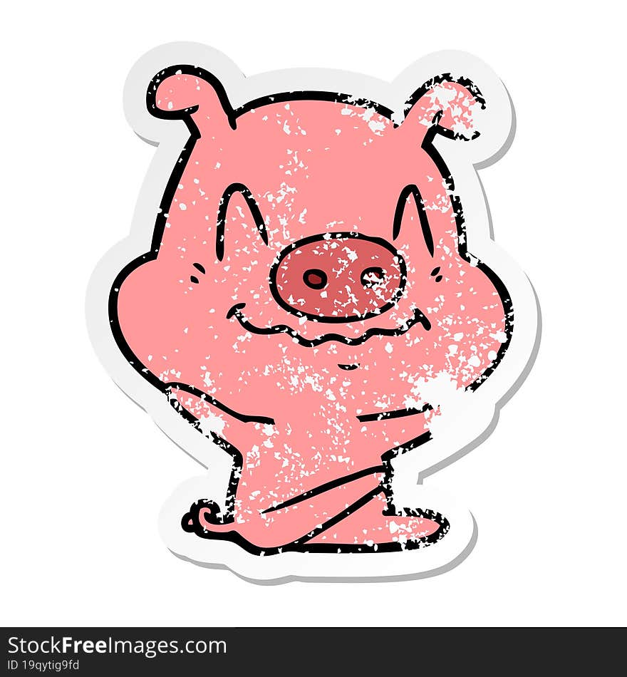 distressed sticker of a nervous cartoon pig sitting