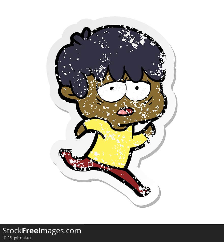 Distressed Sticker Of A Cartoon Exhausted Boy