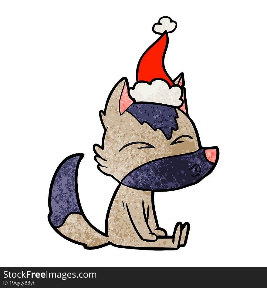 textured cartoon of a wolf whistling wearing santa hat