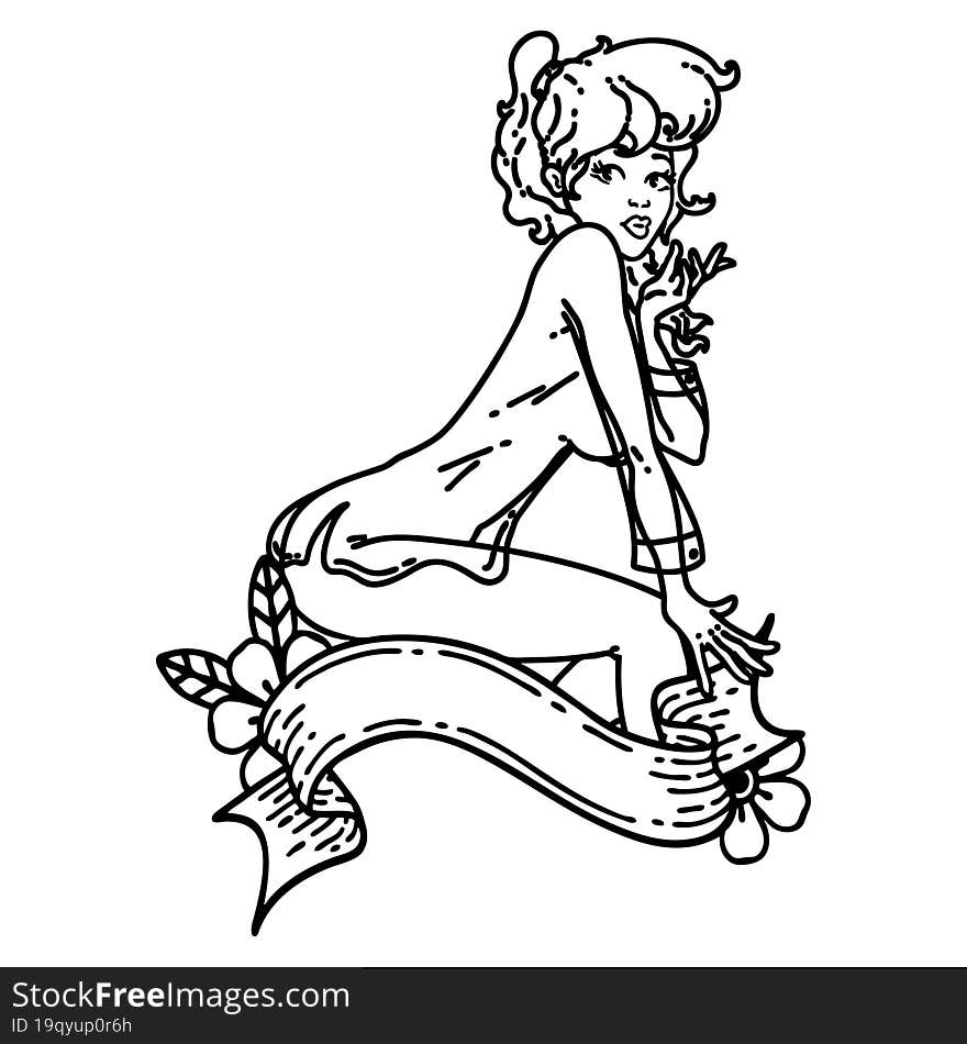 Black Line Tattoo Of A Pinup Girl Wearing A Shirt With Banner